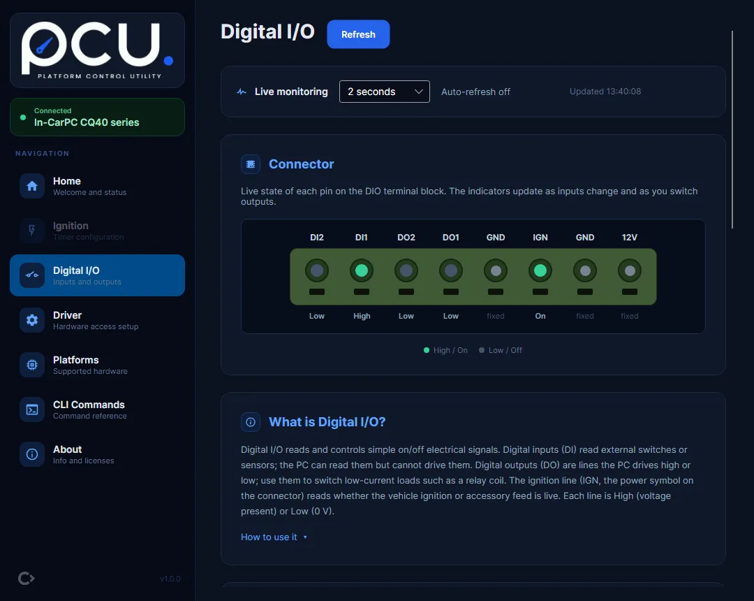 The pcu Digital I/O page: the live connector diagram with the digital input, ignition line, and digital output cards for a connected CQ40.