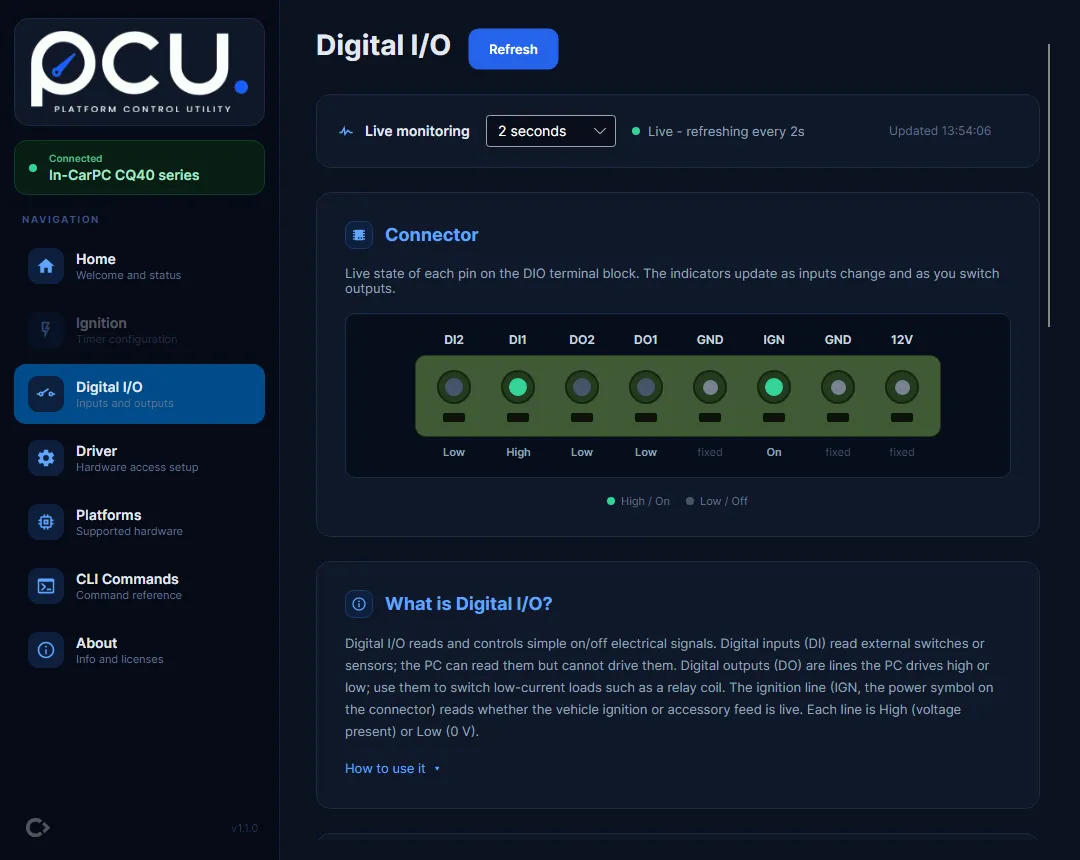 The pcu Digital I/O page, drawing the terminal block live with the state of each input, output, and the ignition line shown on the connector.