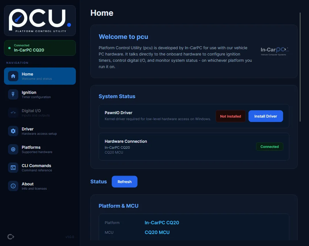 The pcu Home page: the System Status card shows the PawnIO driver installed and the hardware connected to an In-CarPC CQ20, above the live status dashboard.