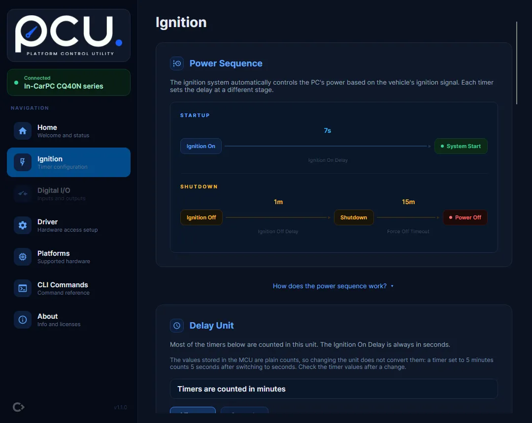 The pcu Ignition page on a connected CQ40N: the power sequence timeline shows Ignition On to System Start for startup and Ignition Off to Shutdown to Power Off for shutdown, with the Delay Unit card below reading "Timers are counted in minutes".