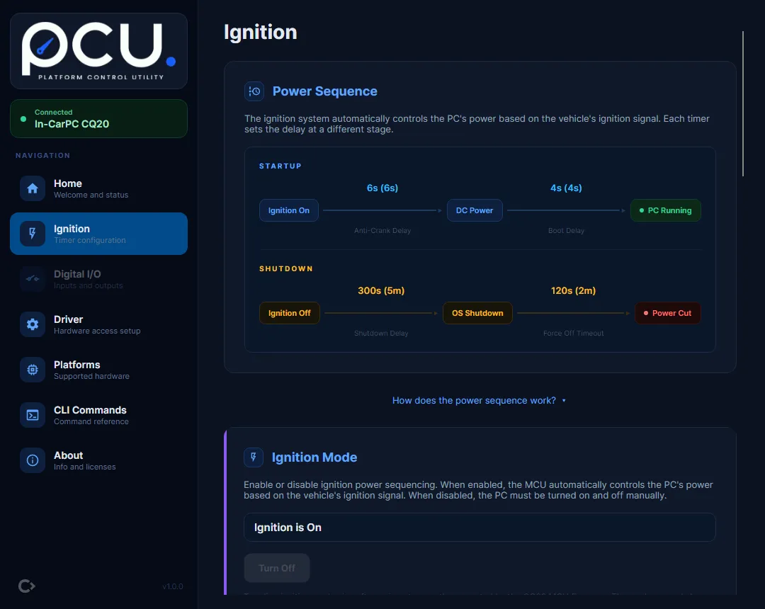 The pcu Ignition page: the power-sequence timeline across the top and the startup and shutdown timer editors below, for a connected CQ20.
